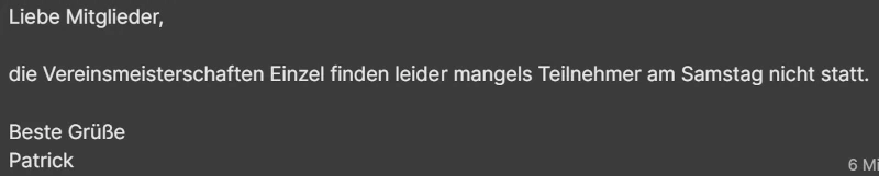 Absage Vereinsmeisterschaften Einzel 2024 Damen Herren